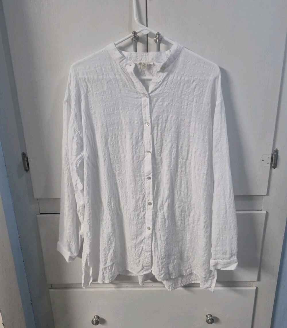 Eileen Fisher Linen Cotton Sheer Check Mandarin Collar Shirt White Button Up S